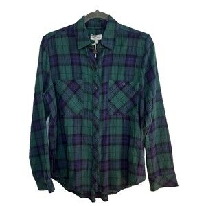 Lucky Brand Women Blue Green Plaid L/S Cotton Button Front Shirt Collared S NEW